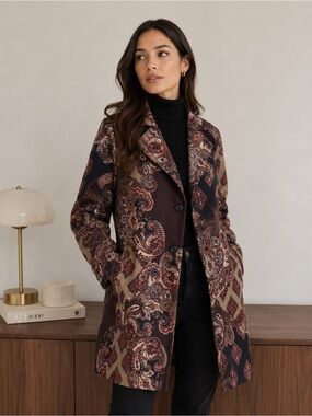 Chico's Paisley Geometric Print Pea Coat Jacket Multi-Color Size 0 (S/6)